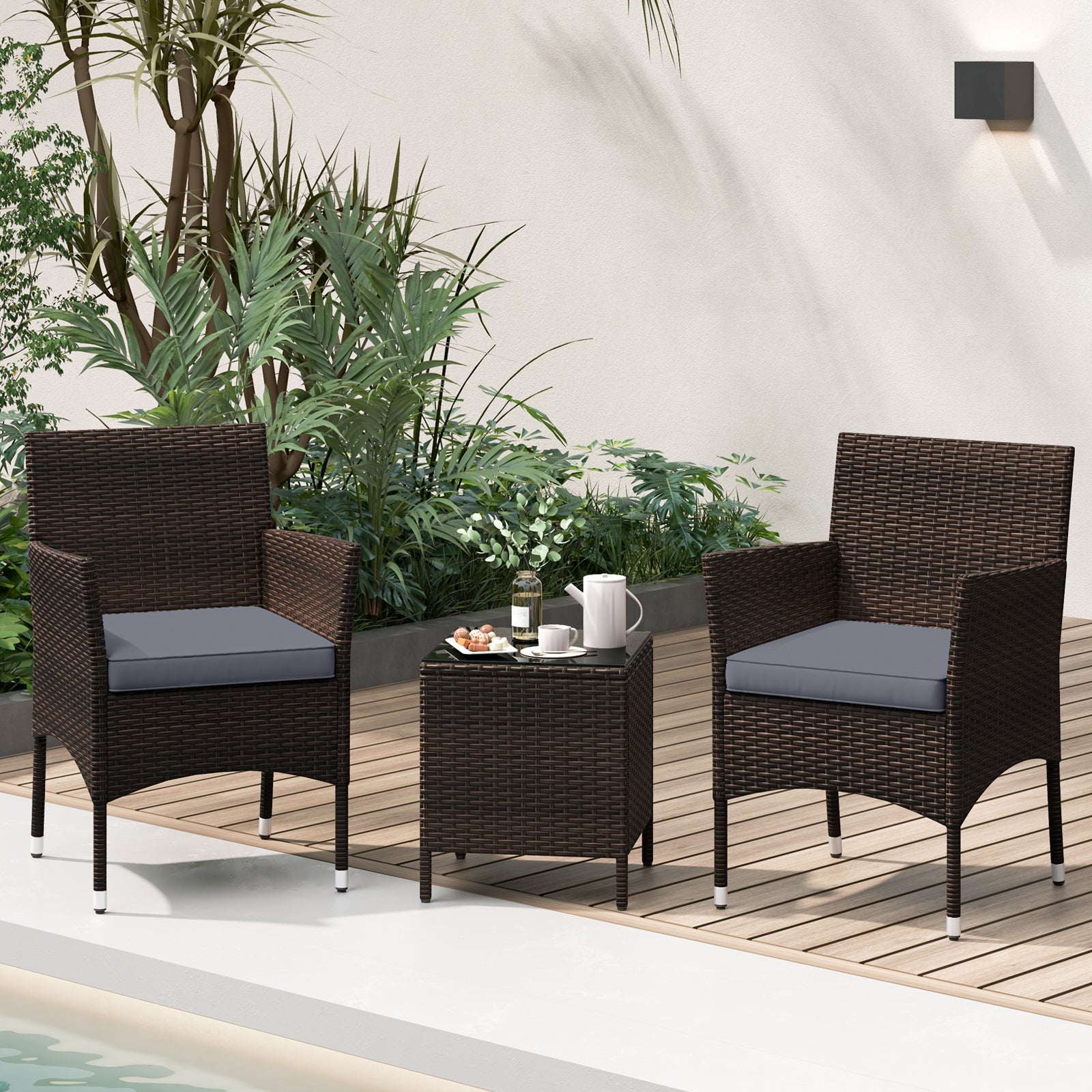 3 Pieces Patio Rattan Furniture Set with Soft Cushions and Glass Top Table-Grey