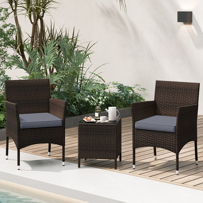 3 Pieces Patio Rattan Furniture Set with Soft Cushions and Glass Top Table-Grey