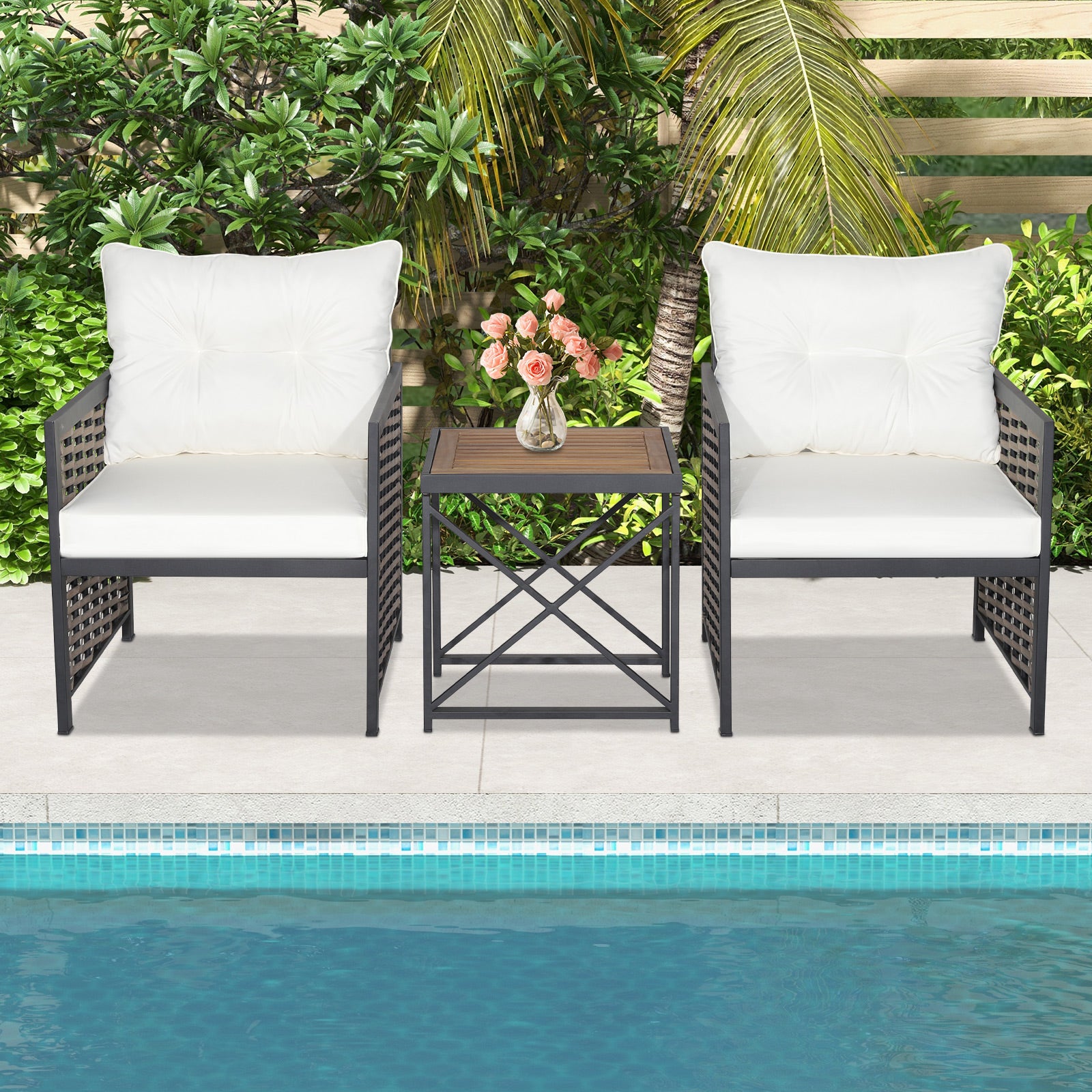 3 Pieces Patio Rattan Bistro Set with Acacia Wood Tabletop-White