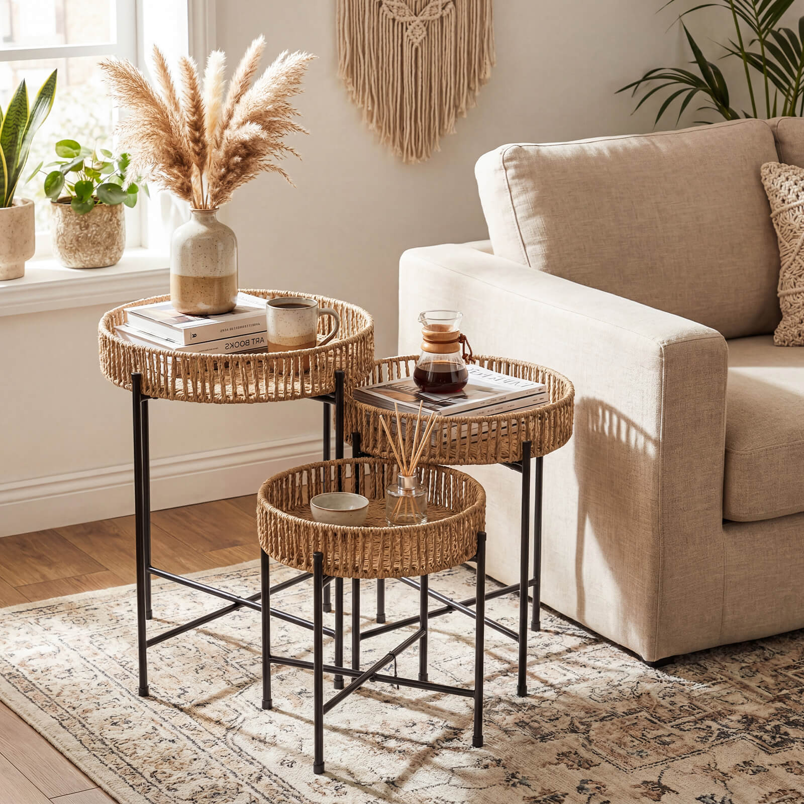 Set of 3 Round Nesting Side Tables Weaving End Tables with Metal Legs-Natural