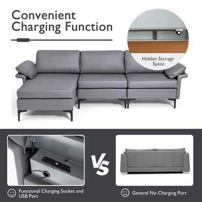 L-shaped 3-Seat Upholstered Sectional Sofa-Grey
