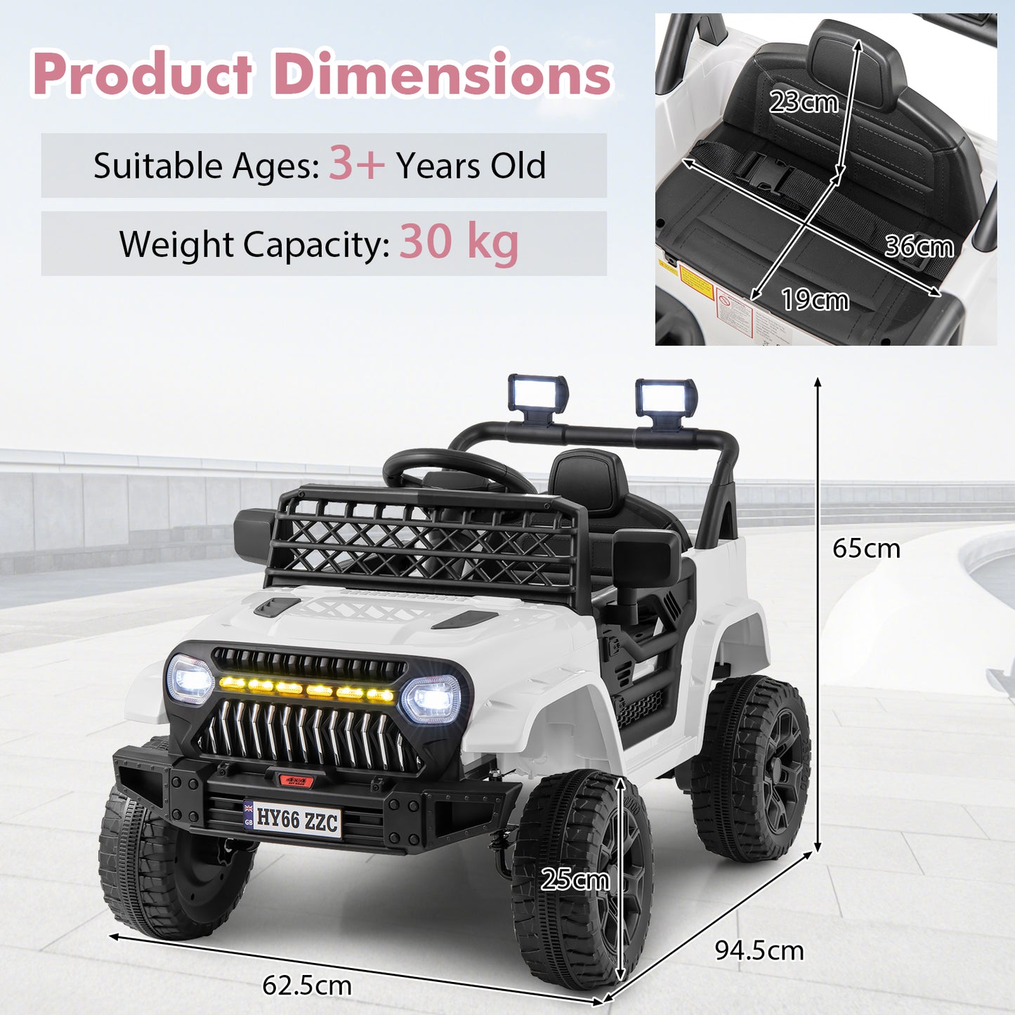 12V Kids Ride on Truck Battery Powered Car with Parental Remote-White
