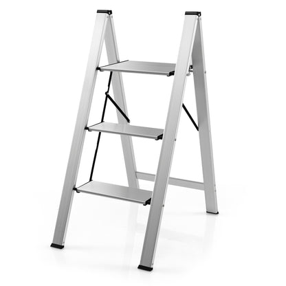 3 Step Folding Ladder with Wide Anti-Slip Pedal-Silver