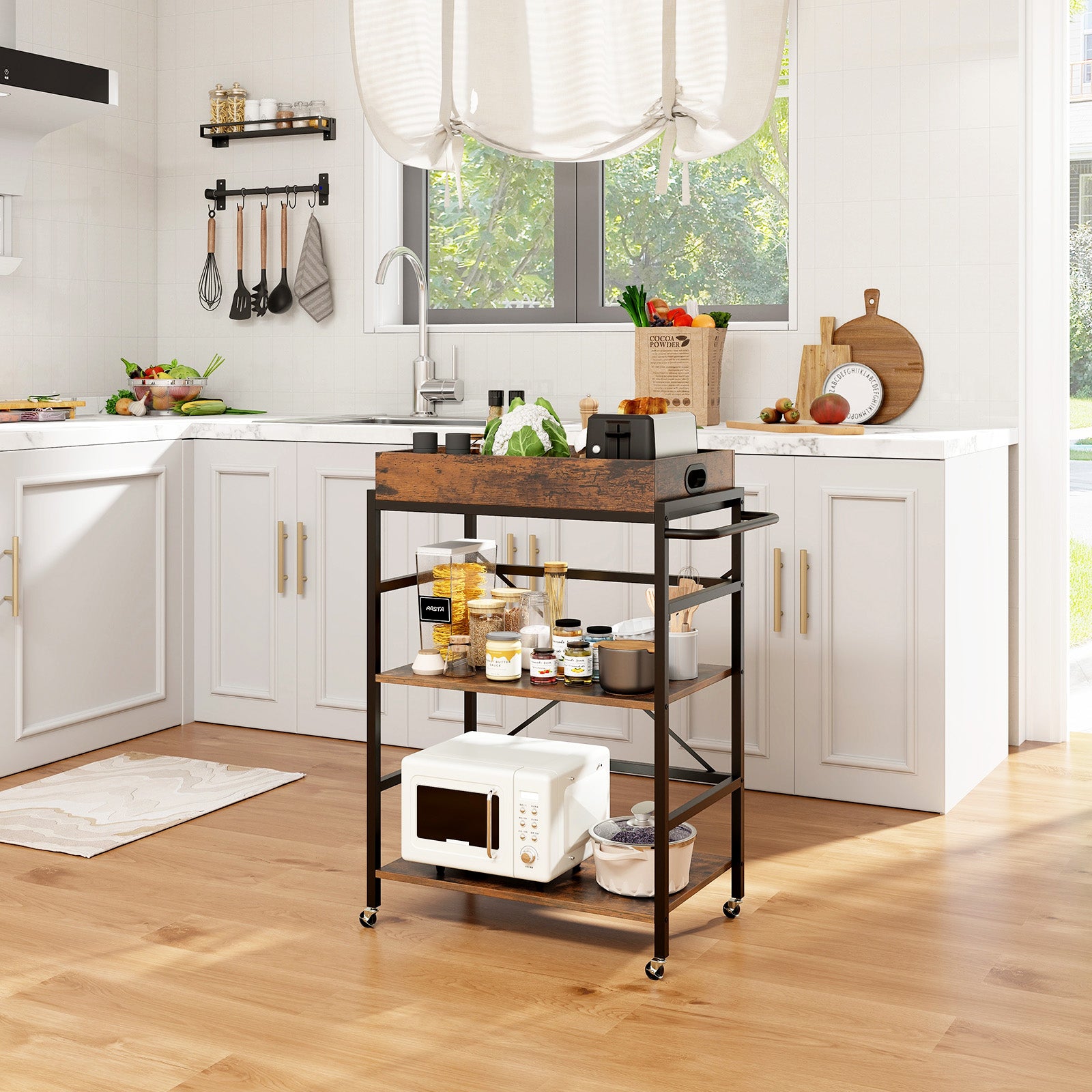 3-Tier Bar Cart Industrial Serving Cart with Detachable Tray-Rustic Brown