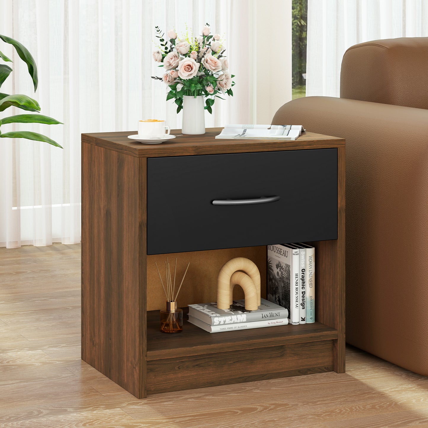 3-Tier Nightstand with Drawer and Open Storage Shelf for Small Spaces-Black &amp; Brown