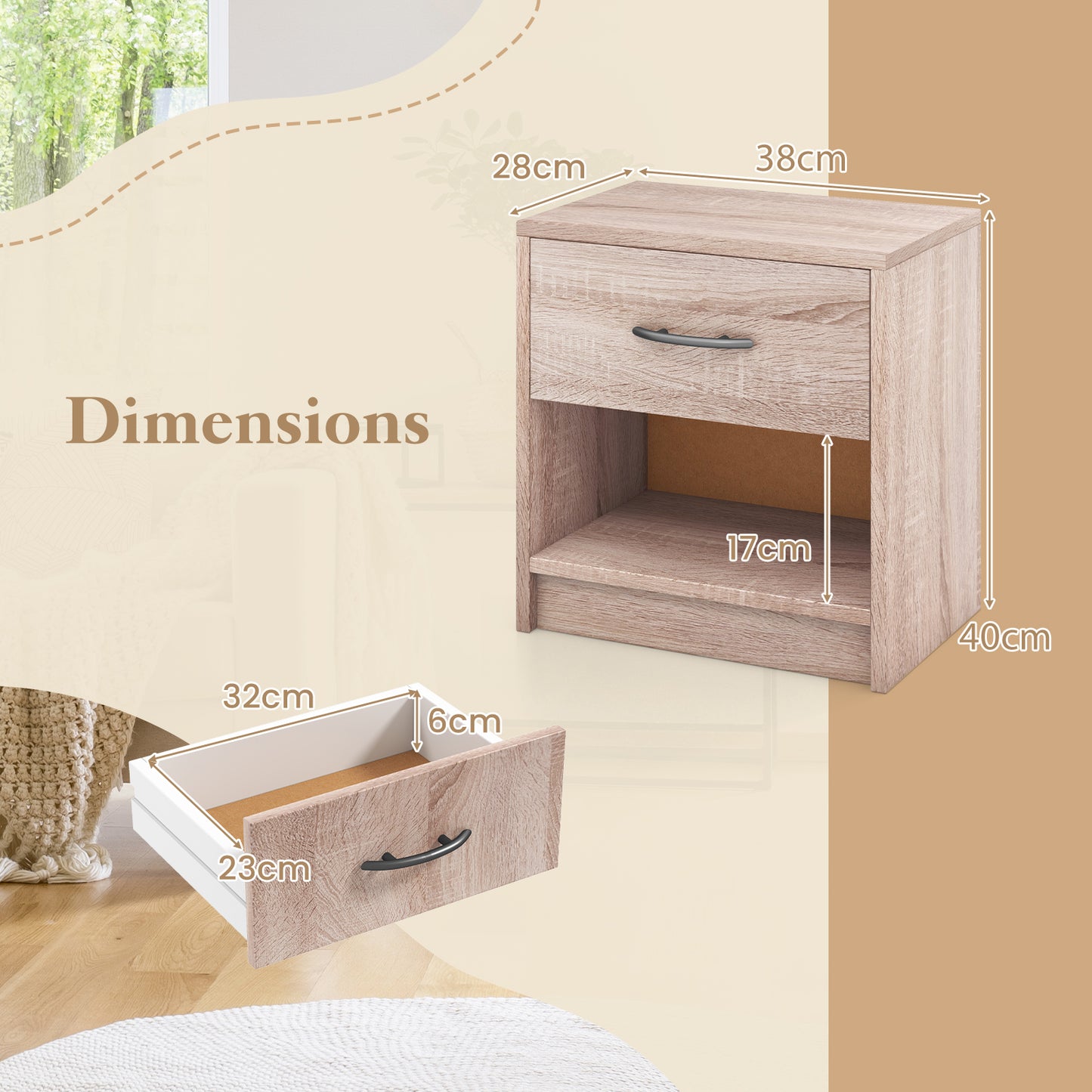 3-Tier Nightstand with Drawer and Open Storage Shelf for Small Spaces-Natural