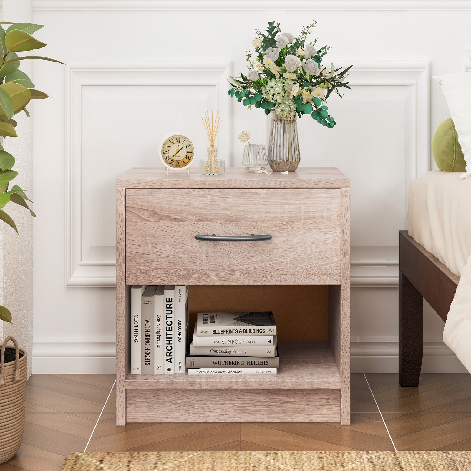 3-Tier Nightstand with Drawer and Open Storage Shelf for Small Spaces-Natural
