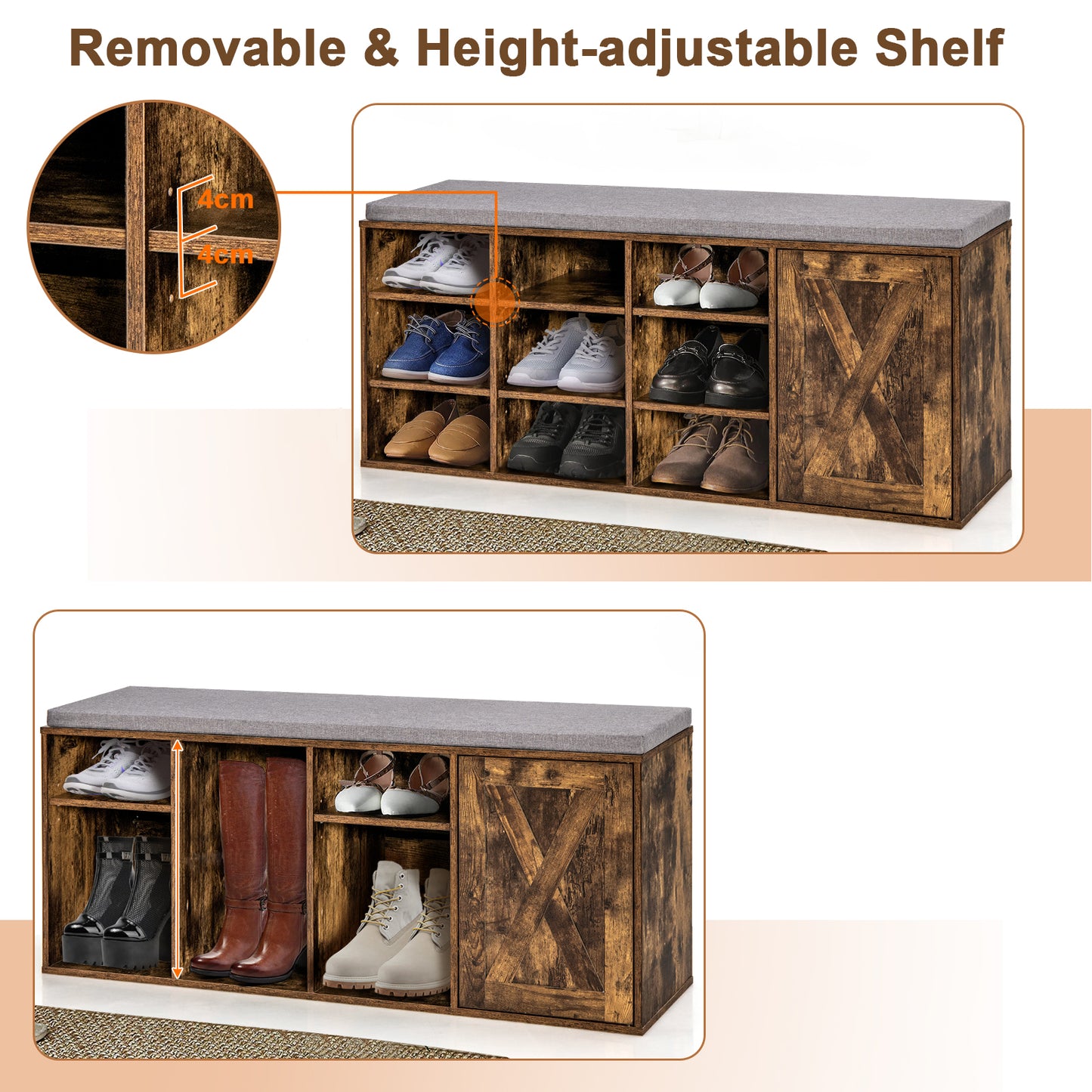 3-Tier Entryway Shoe Storage Bench with Padded Cushion-Rustic Brown