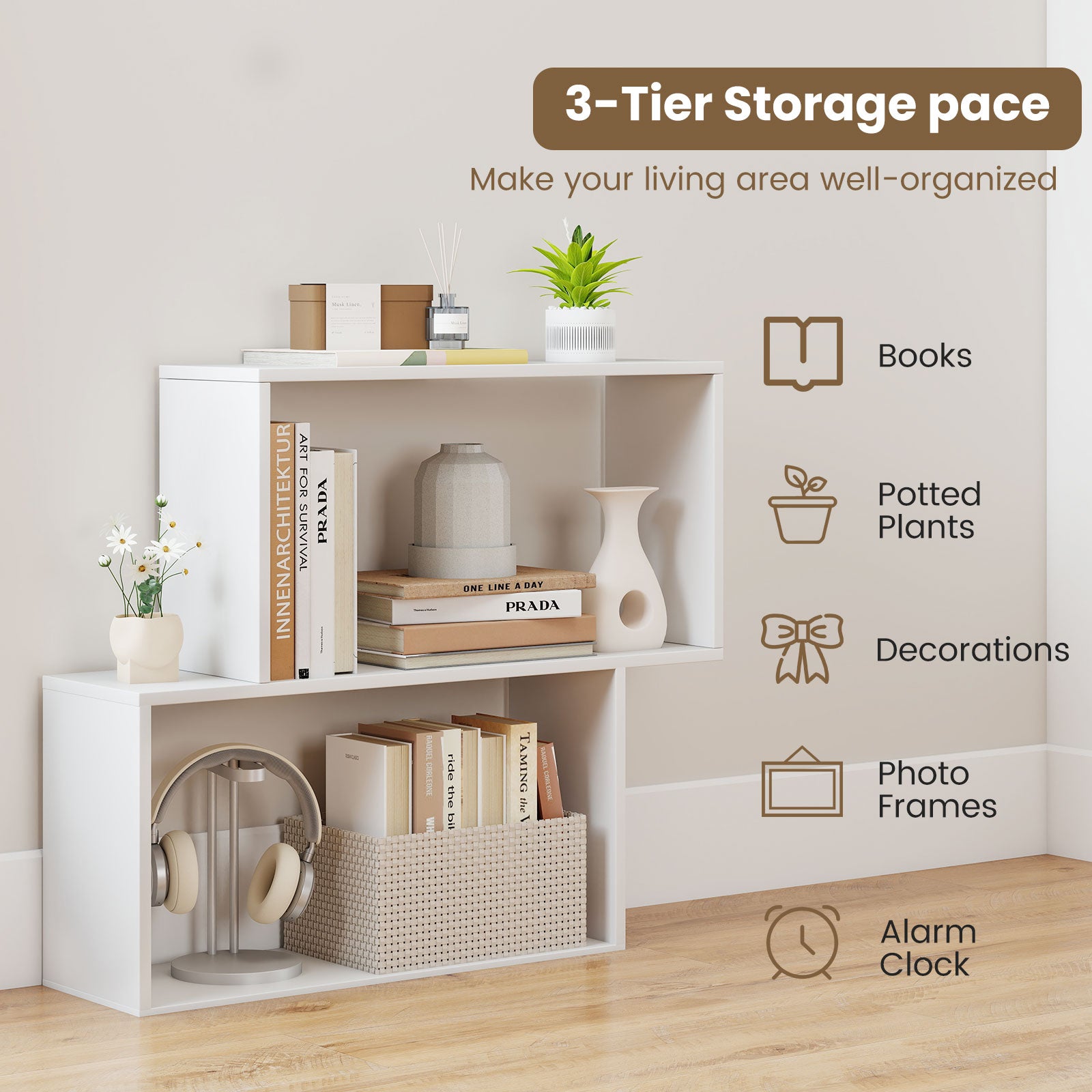 3-Tier Geometric Bookshelf Freestanding Wooden Bookcase with 2 Cubic Compartments-White