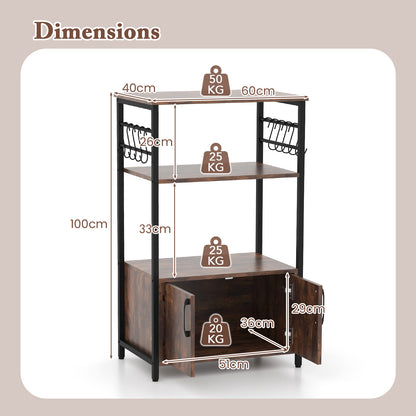 3-Tier Kitchen Bakers Rack with Cabinet Open Shelves and 10 Removable S-Shaped Hooks-Brown