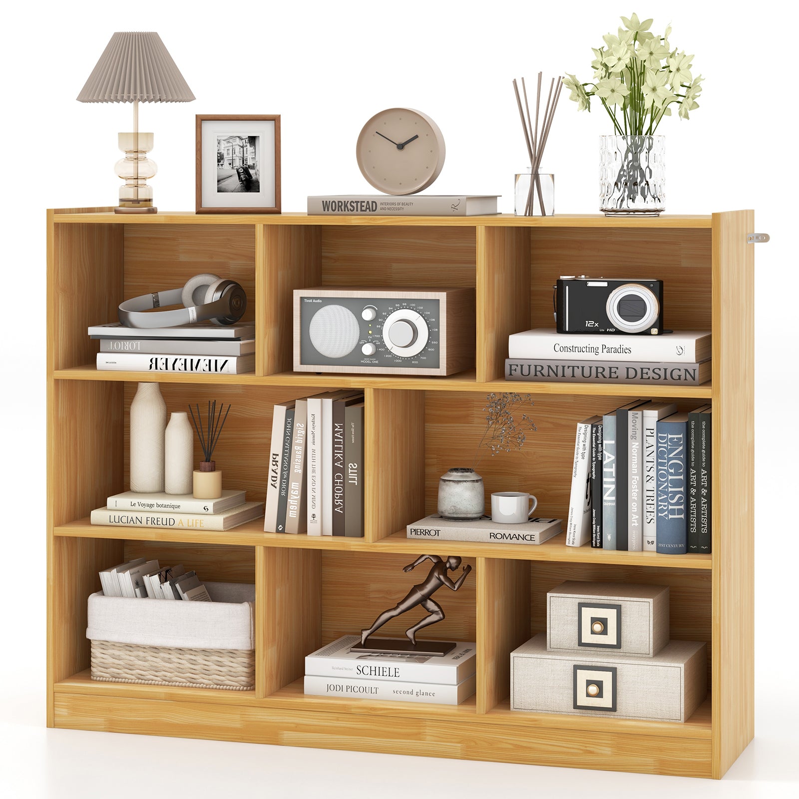 3-Tier Wooden Cube Bookcase with 8 Compartments-Yellow