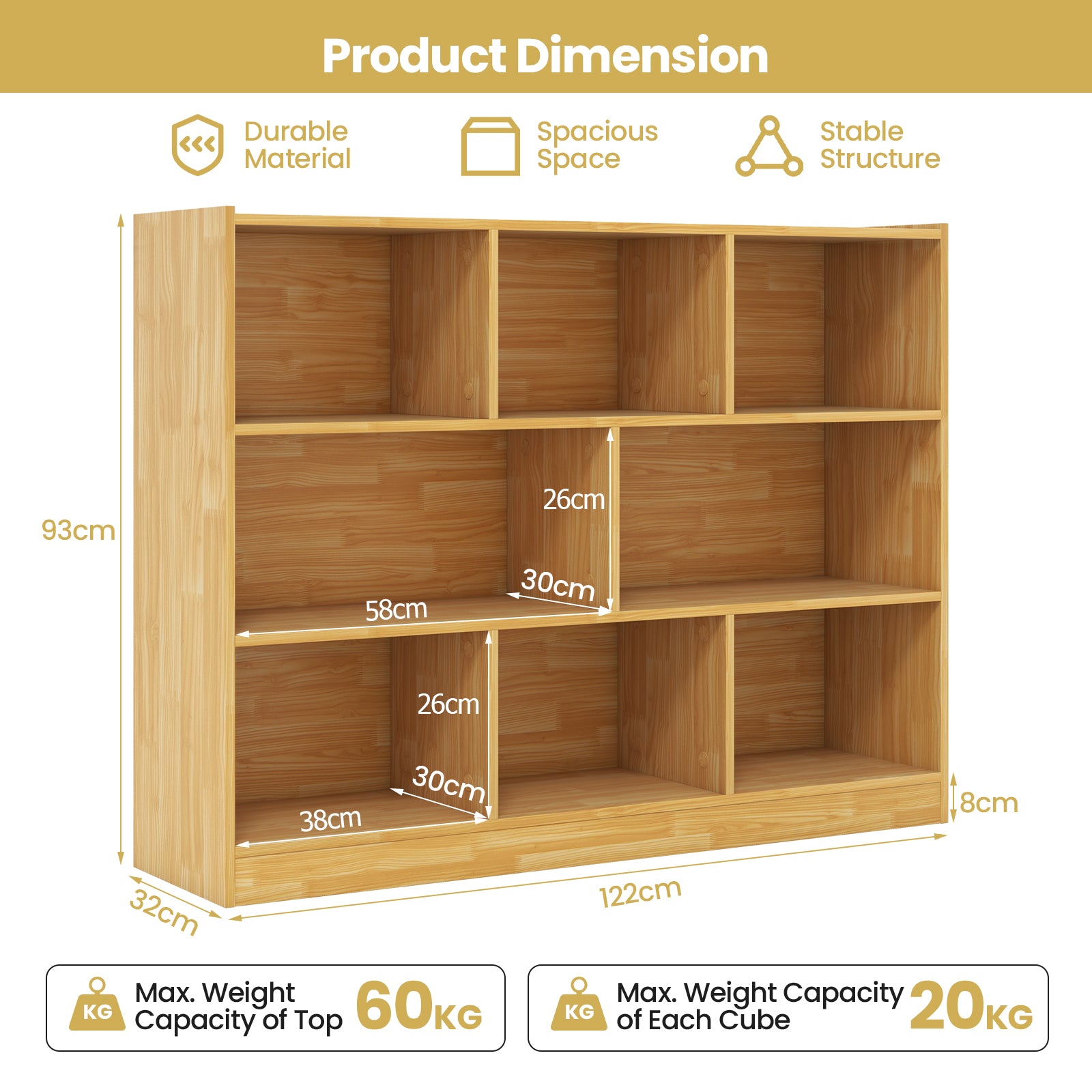 3-Tier Wooden Cube Bookcase with 8 Compartments-Yellow
