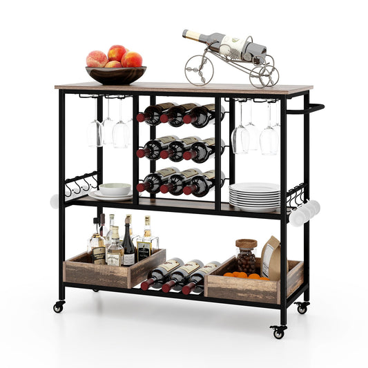 3 Tiers Bar Cart on Wheels with Glass Racks-Brown