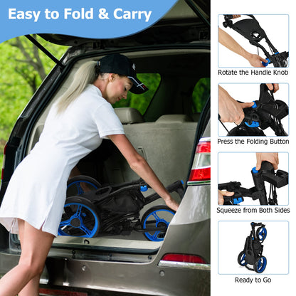 3 Wheel Golf Push Pull Cart with Adjustable Height Handle-Blue