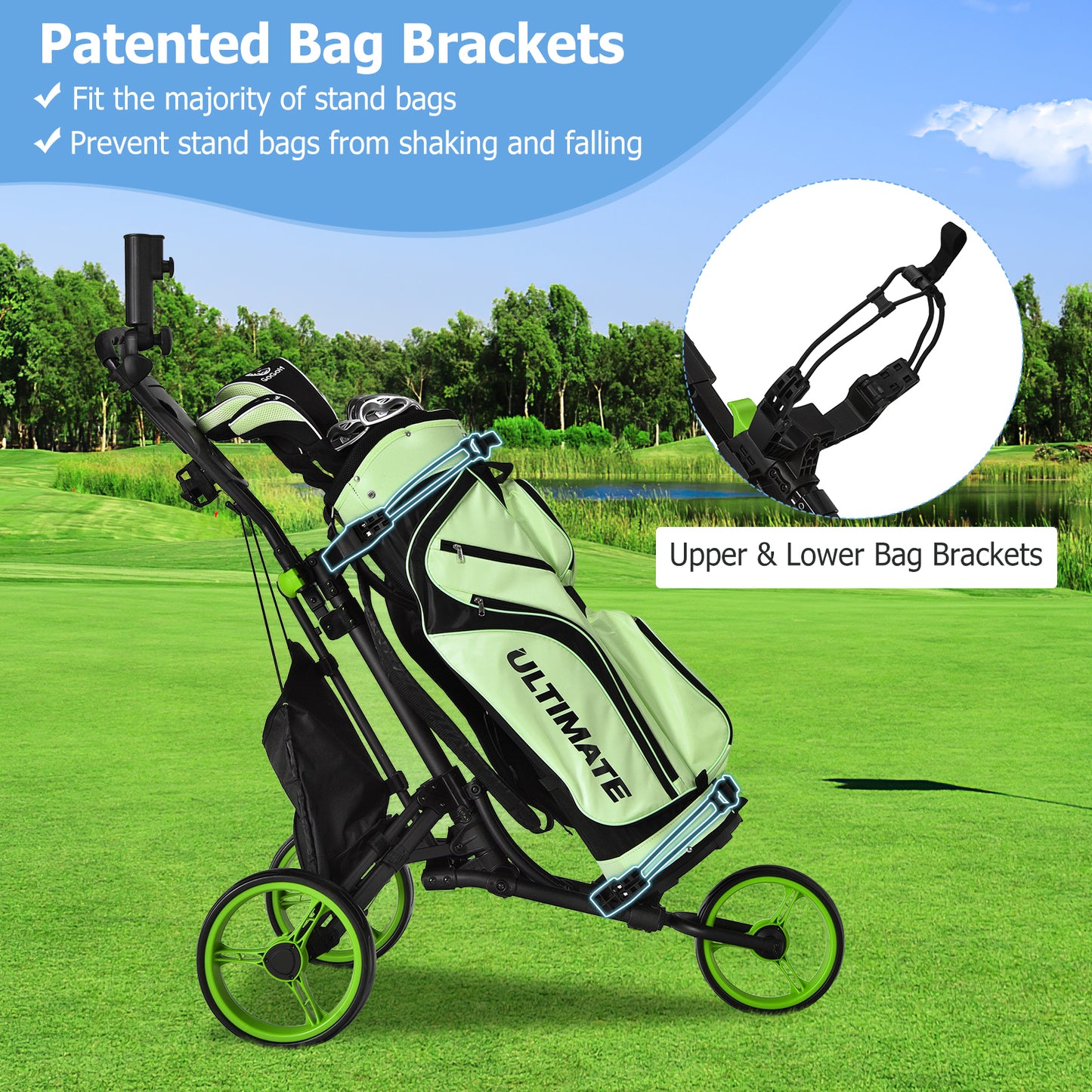 3 Wheel Golf Push Pull Cart with Adjustable Height Handle-Green