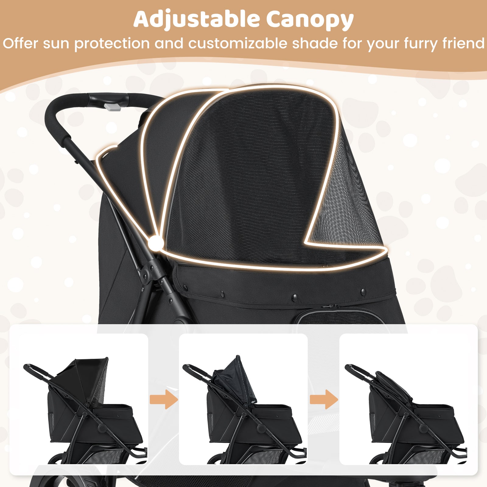 3-Wheel Pet Stroller for Small and Medium Dogs with All-Terrain Wheels-Black