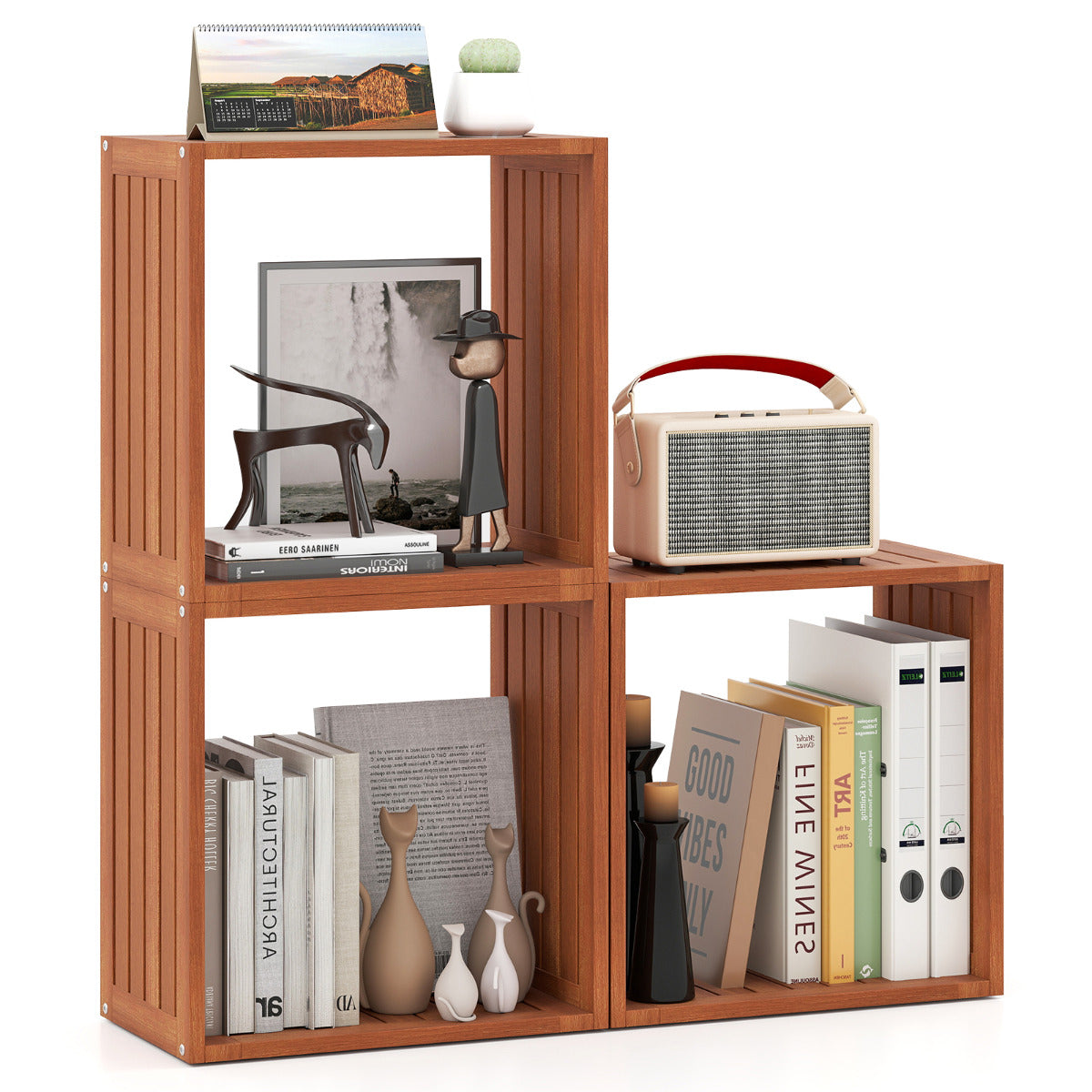 3 Cube Bookcases Stacking Organizers with Open Slatted Design