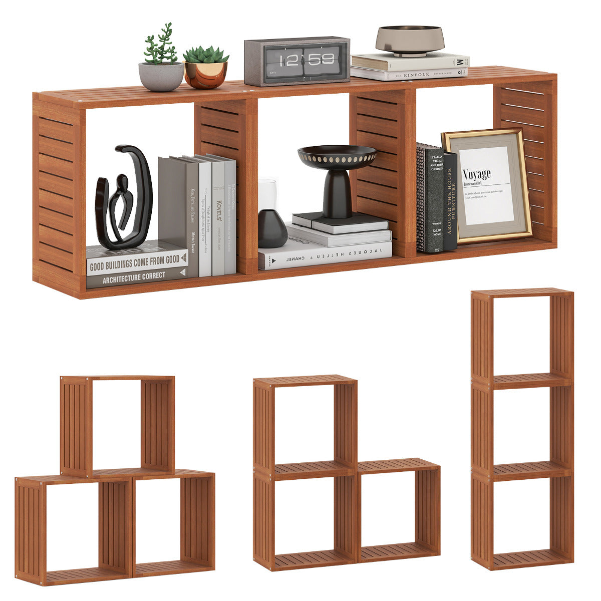 3 Cube Bookcases Stacking Organizers with Open Slatted Design