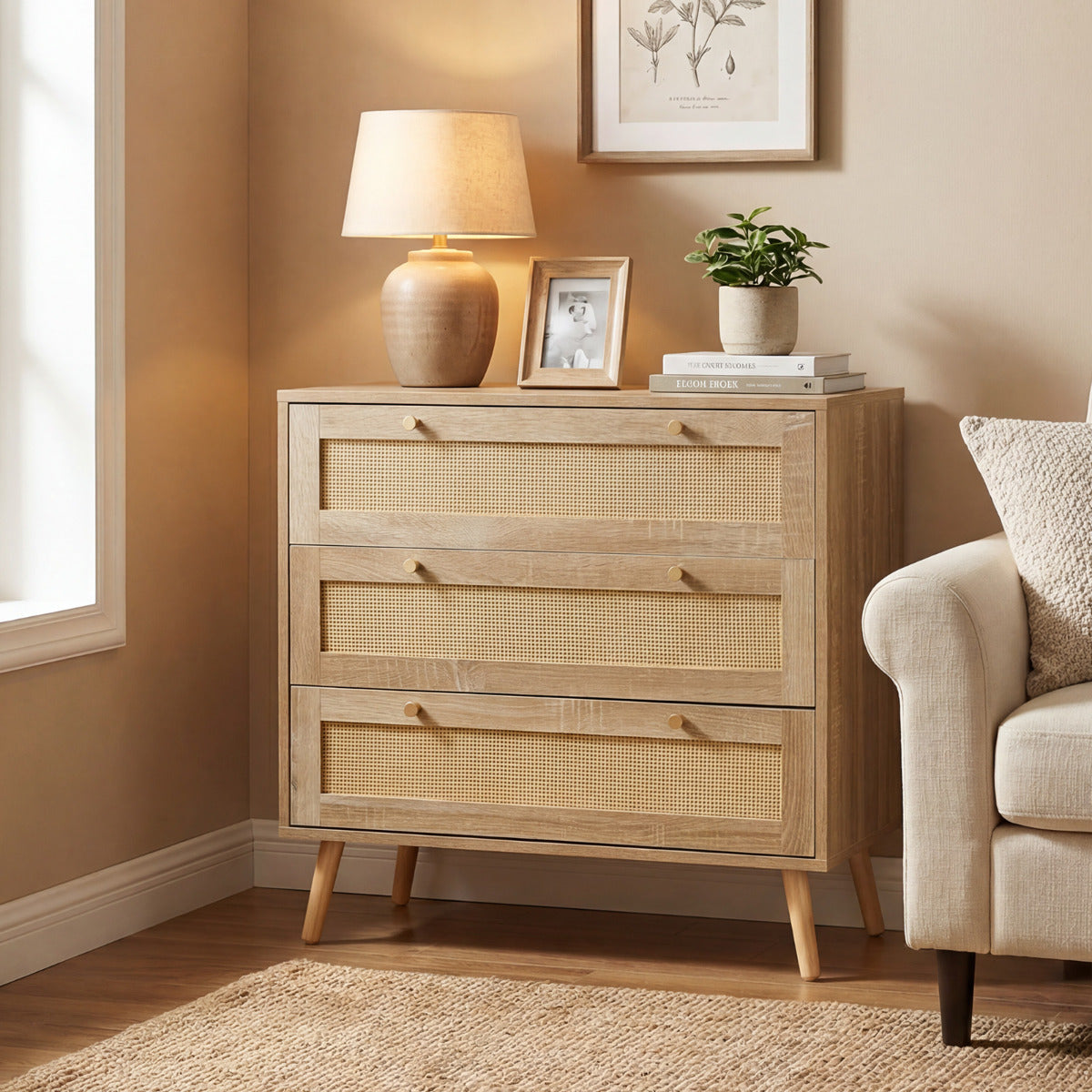 3-Drawer Rattan Dresser Boho Wooden Nightstand with 3 Drawers-Natural