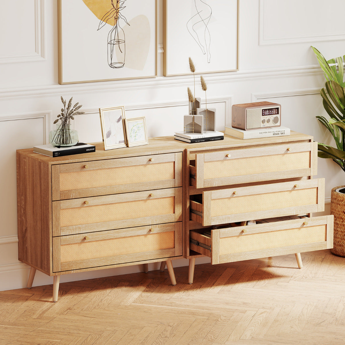 3-Drawer Rattan Dresser Boho Wooden Nightstand with 3 Drawers-Natural