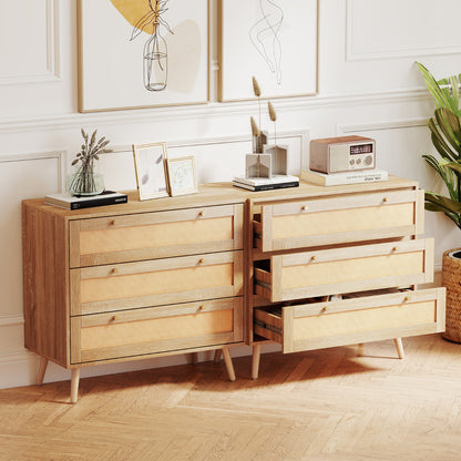 3-Drawer Rattan Dresser Boho Wooden Nightstand with 3 Drawers-Natural