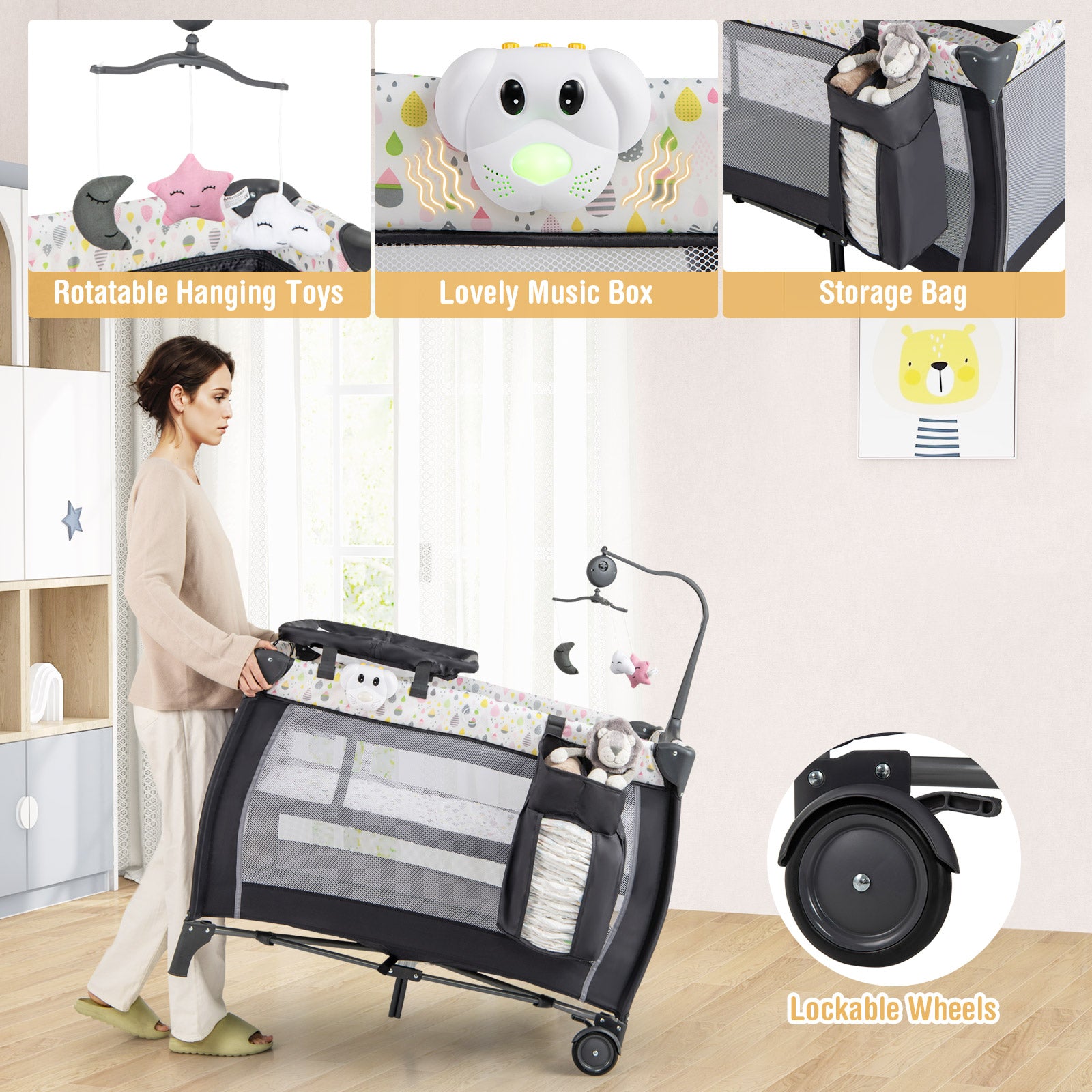 3 in 1 Baby Activity Center Foldable Pack and Play with Diaper Changing Table-Black