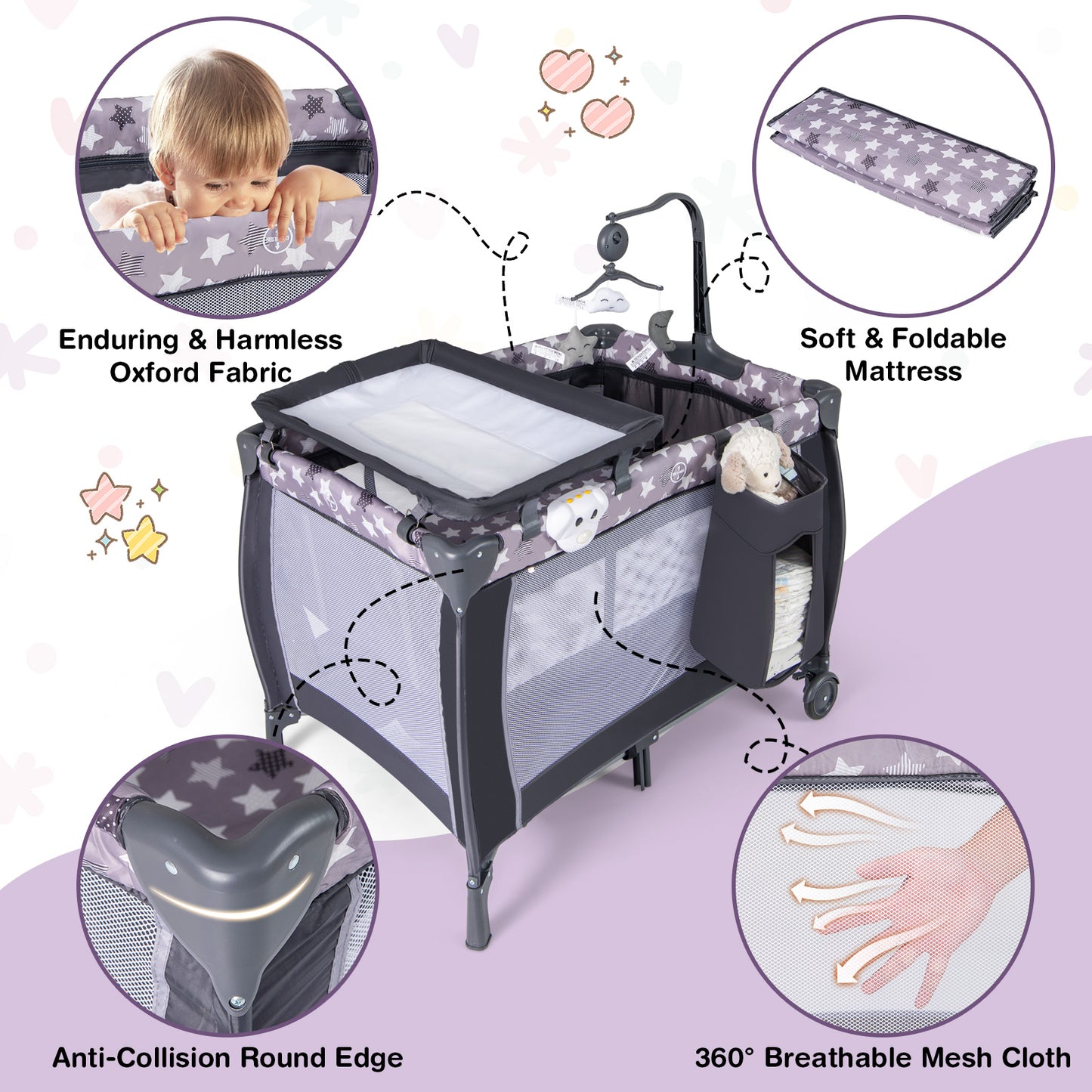 3 in 1 Baby Activity Center Foldable Pack and Play with Diaper Changing Table-Grey