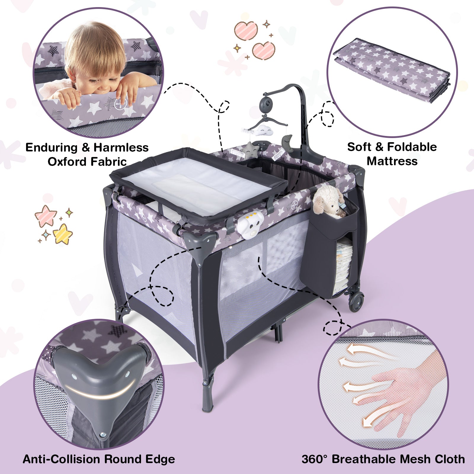 3 in 1 Baby Activity Center Foldable Pack and Play with Diaper Changing Table-Grey
