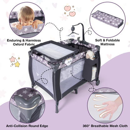 3 in 1 Baby Activity Center Foldable Pack and Play with Diaper Changing Table-Grey