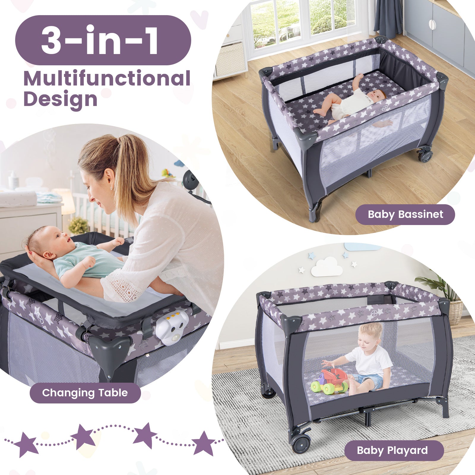 3 in 1 Baby Activity Center Foldable Pack and Play with Diaper Changing Table-Grey
