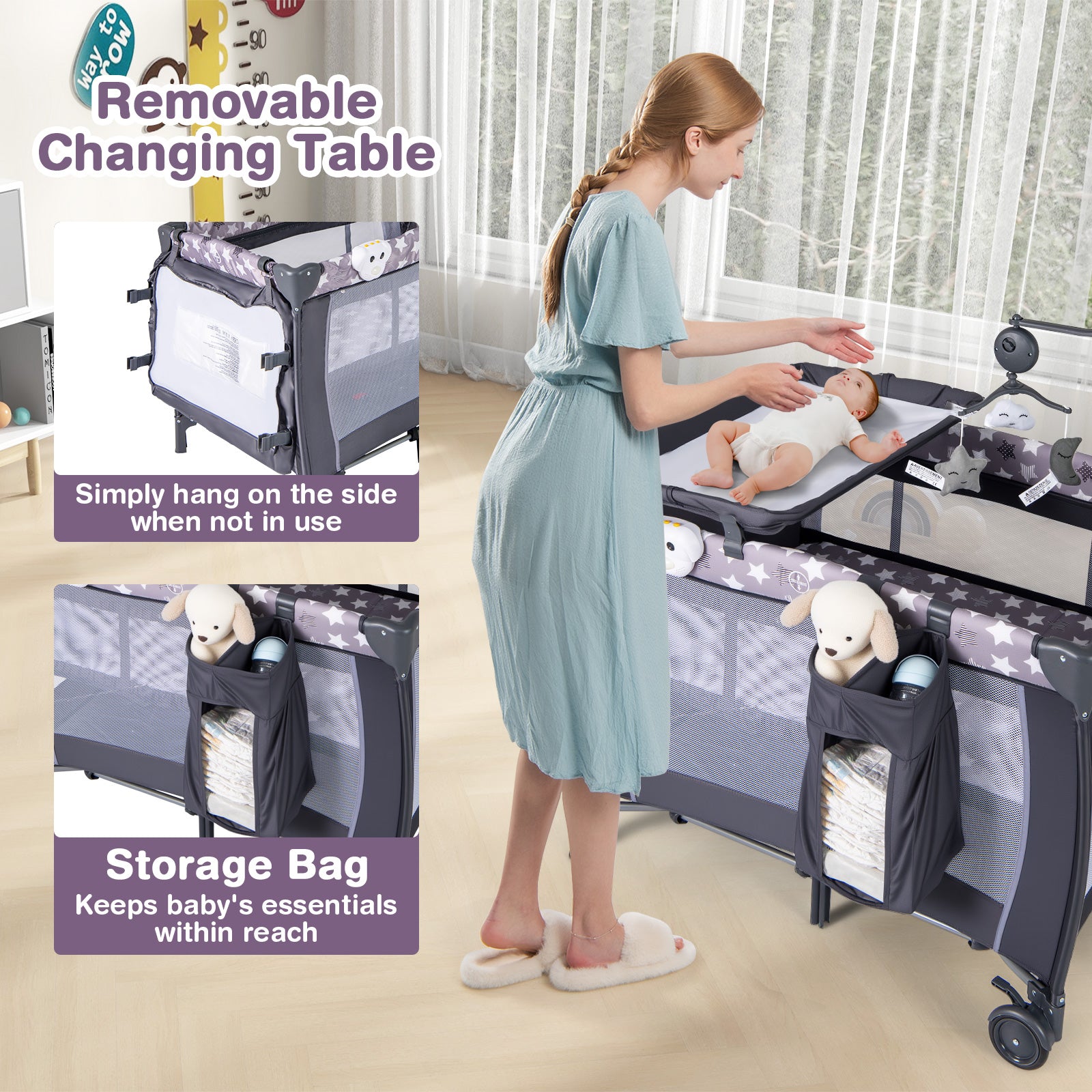 3 in 1 Baby Activity Center Foldable Pack and Play with Diaper Changing Table-Grey