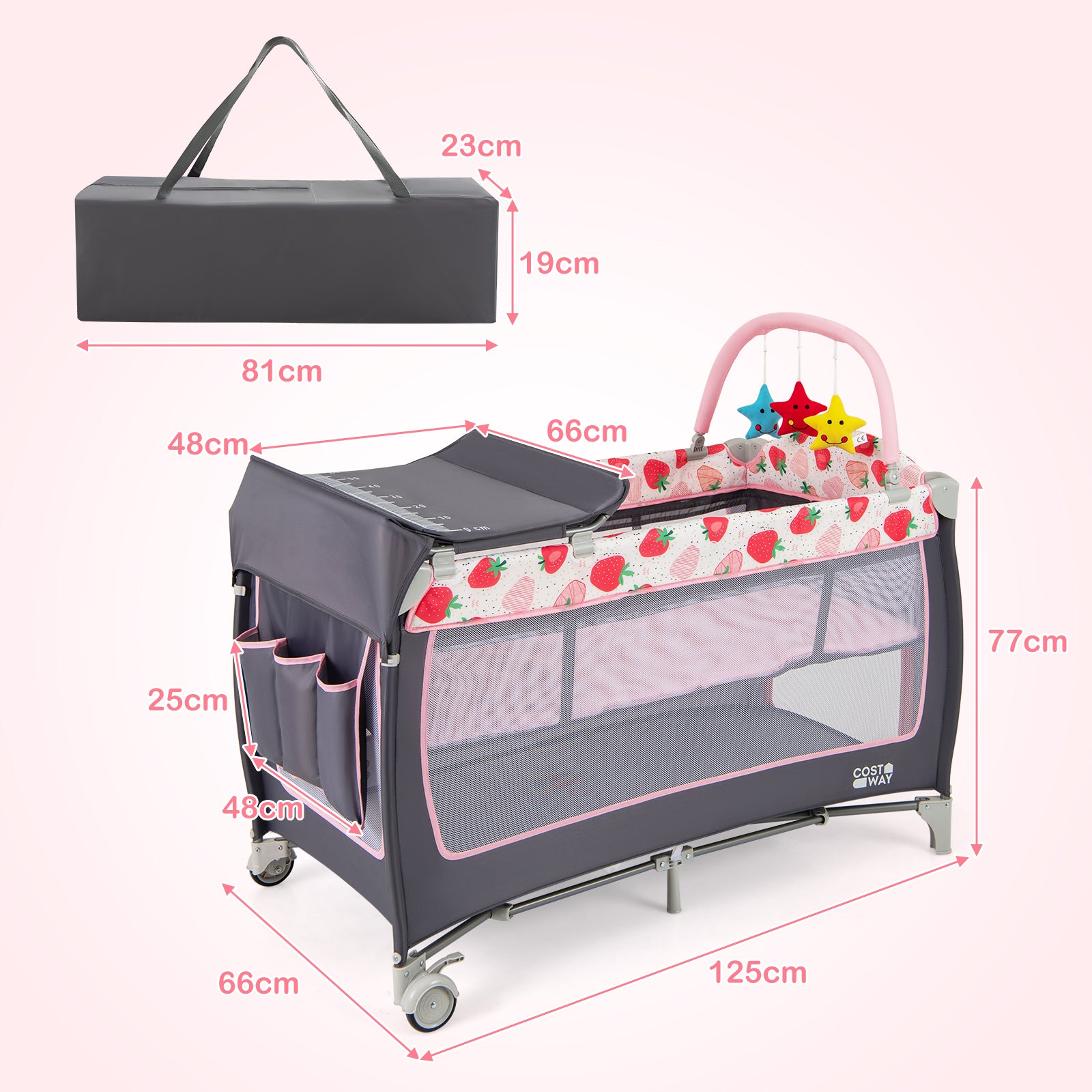 3 in 1 Baby Playard Portable Infant Nursery Center with Toy Bar-Pink