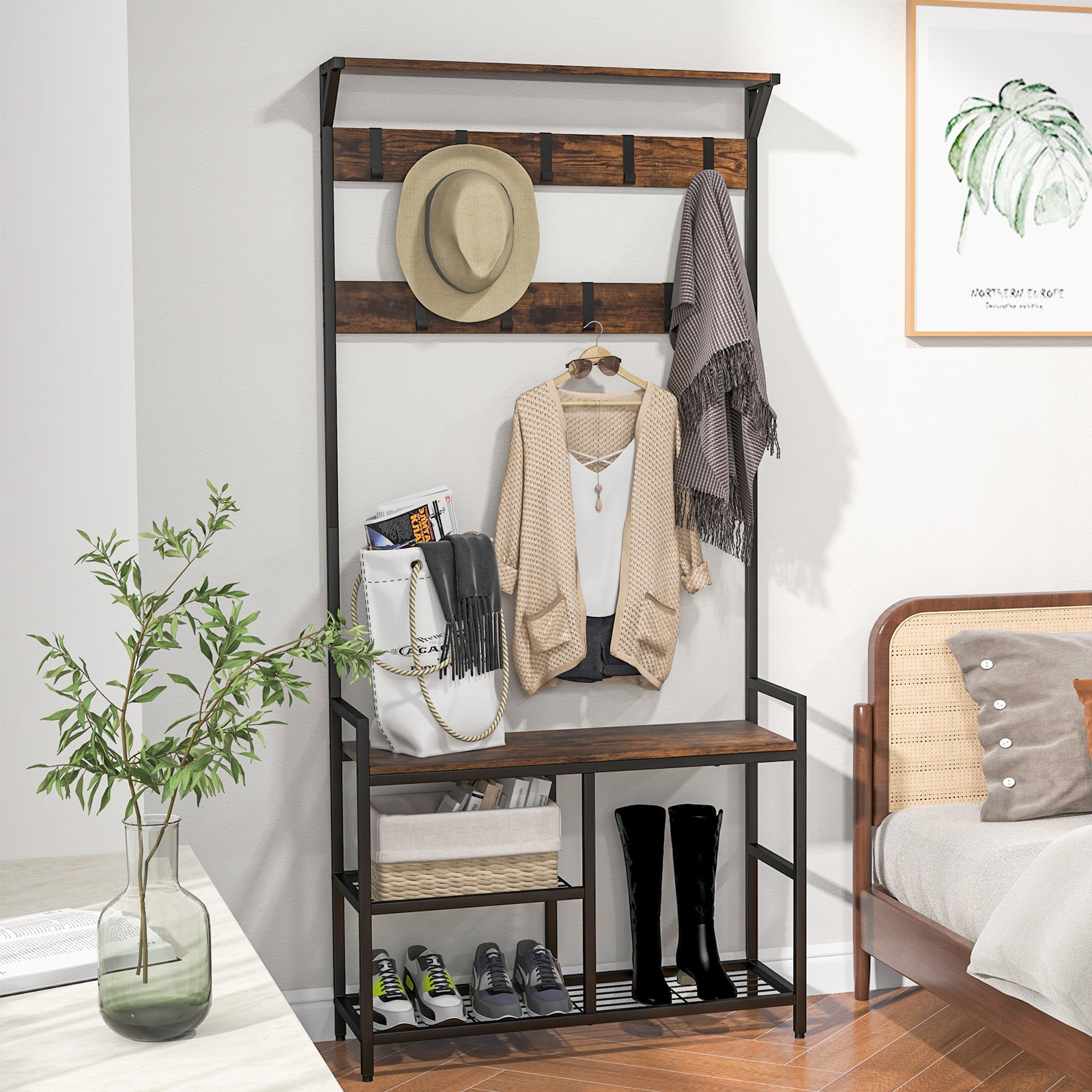 3-in-1 Coat Rack Freestanding Industrial Entryway Storage Shelf-Rustic Brown