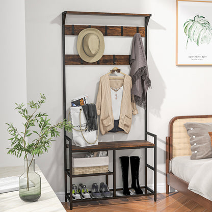 3-in-1 Coat Rack Freestanding Industrial Entryway Storage Shelf-Rustic Brown