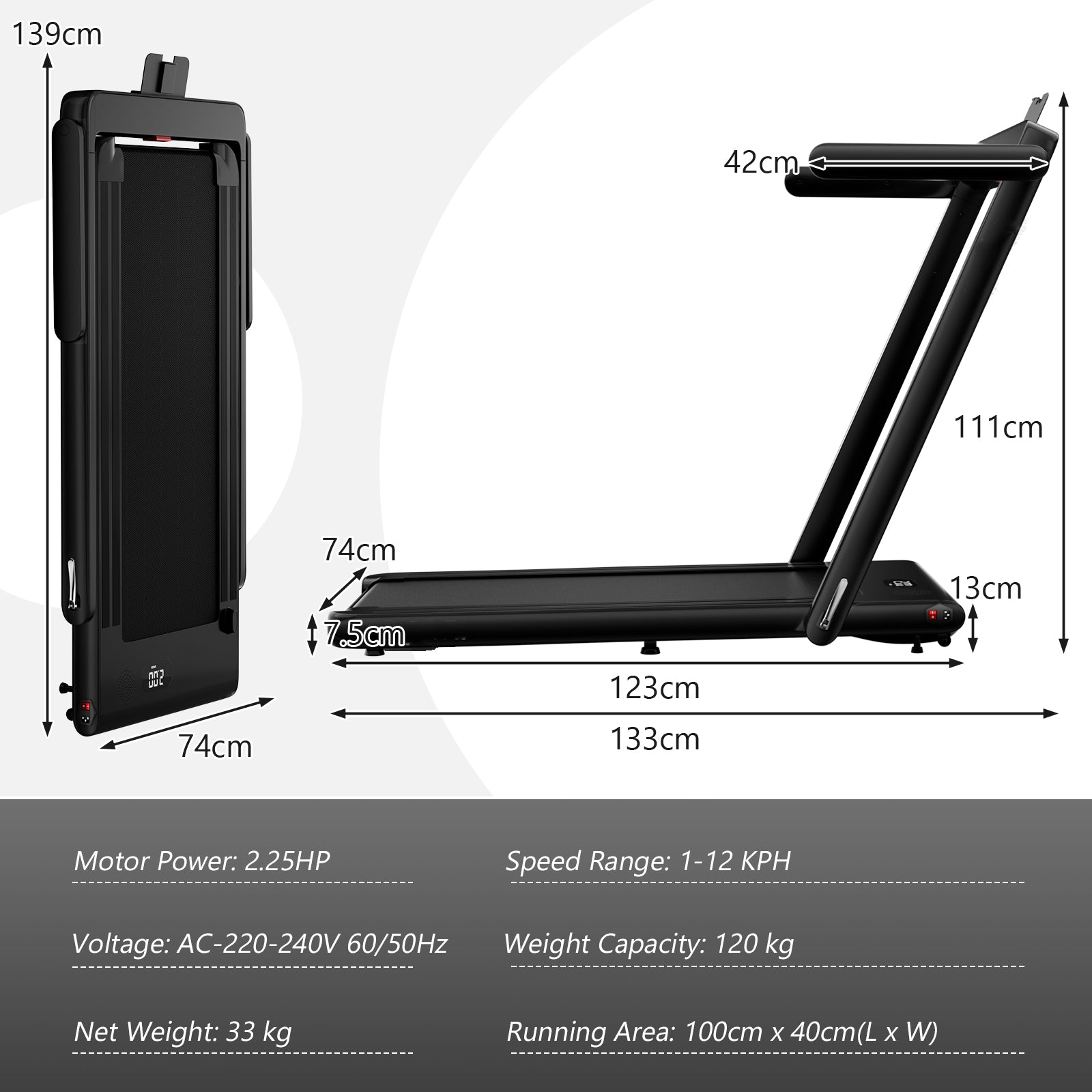 2.25 HP Foldable Treadmill 3 in 1 Walking Pad Under Desk Treadmill-Black