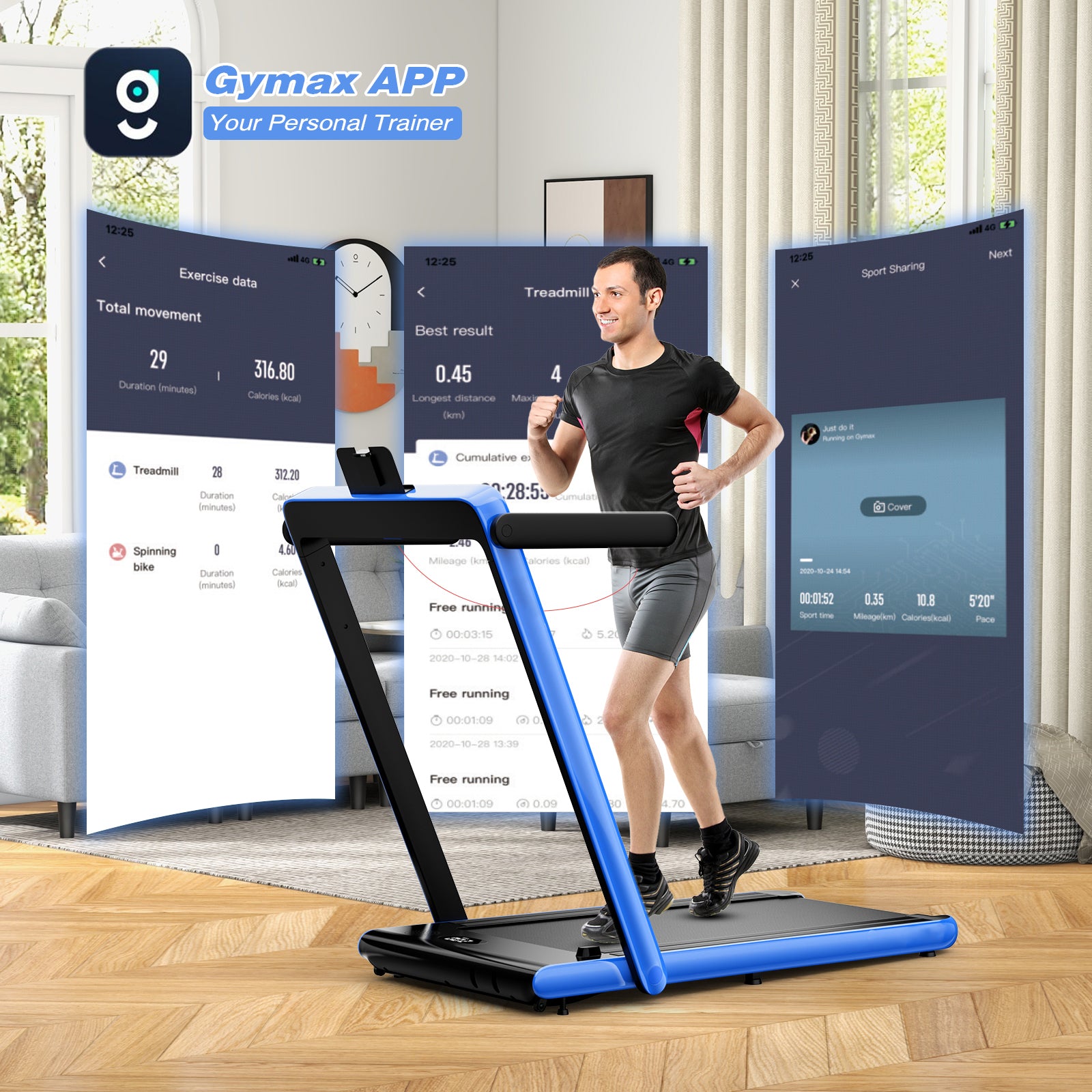 2.25 HP Foldable Treadmill 3 in 1 Walking Pad Under Desk Treadmill-Navy