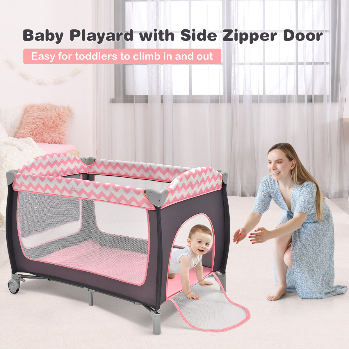 3 in 1 Baby Playard Portable Infant Nursery Center with Toy Bar-Light Pink