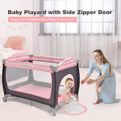 3 in 1 Baby Playard Portable Infant Nursery Center with Toy Bar-Light Pink