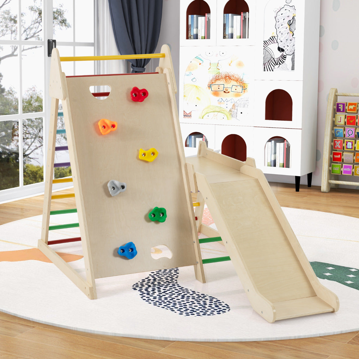 3-In-1 Jungle Gym with Extended Slide and Rock Climbing-Colourful