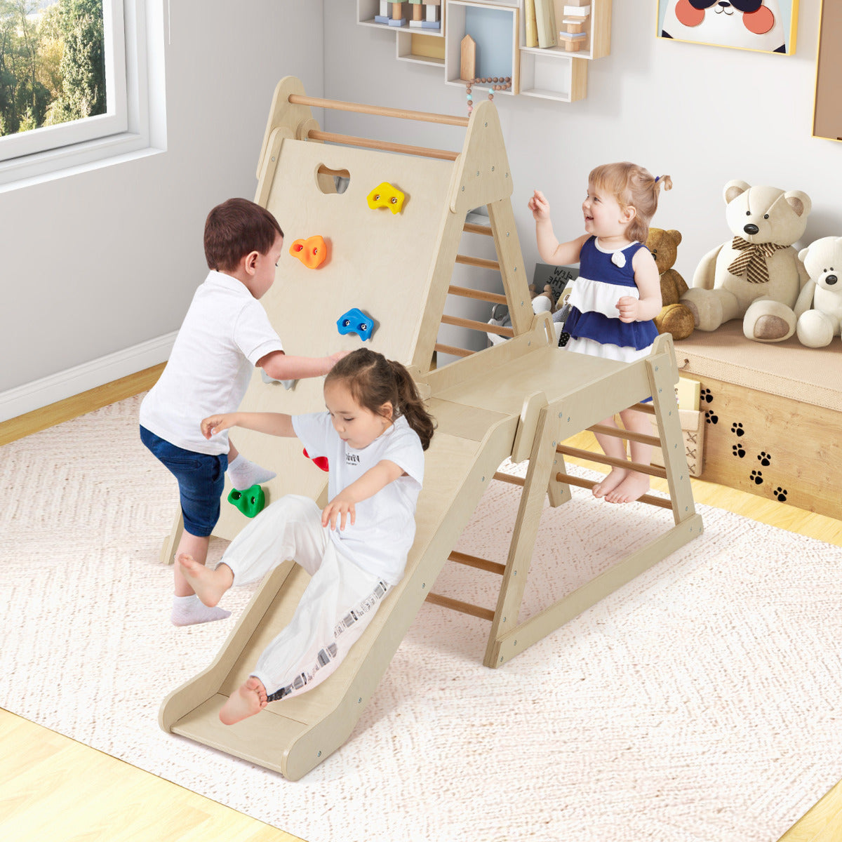 3-In-1 Jungle Gym with Extended Slide and Rock Climbing-Natural