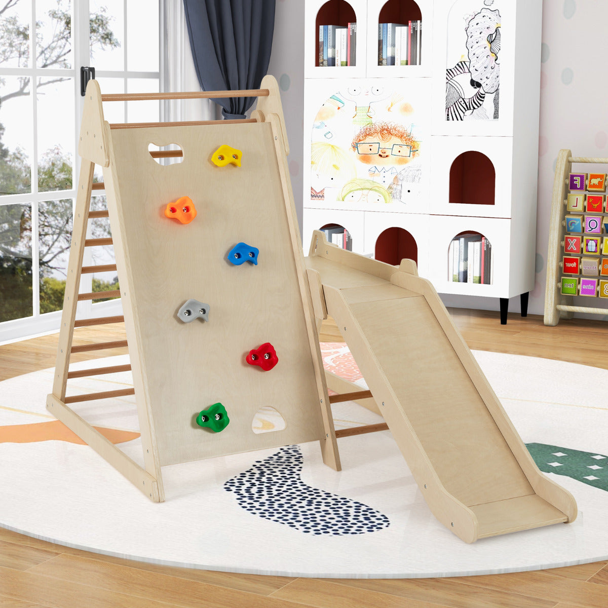 3-In-1 Jungle Gym with Extended Slide and Rock Climbing-Natural