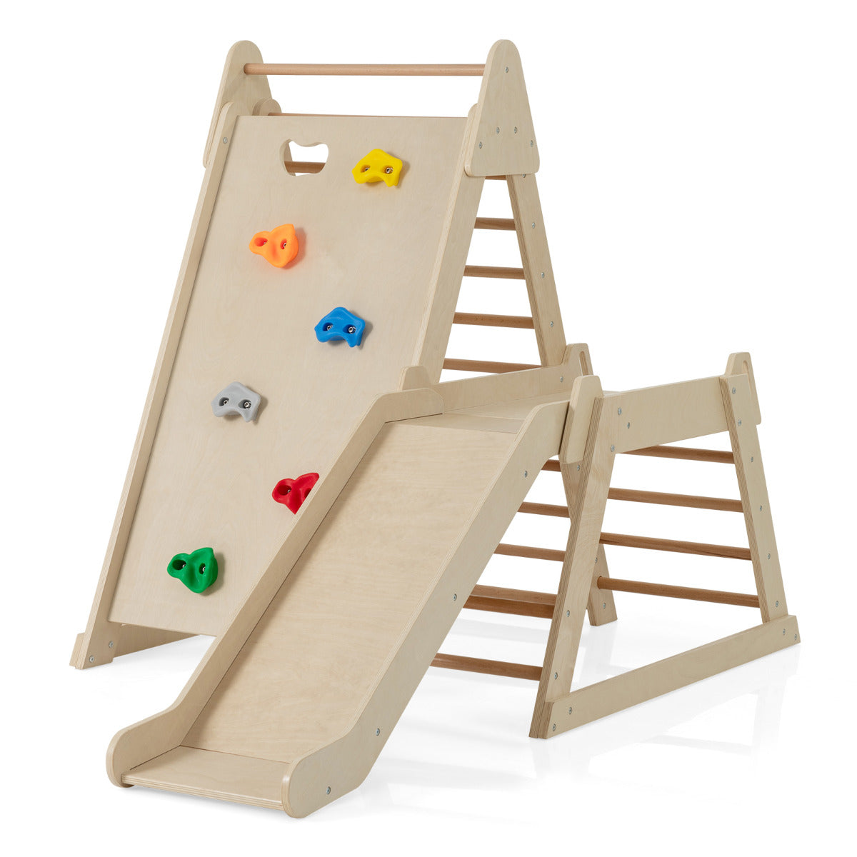 3-In-1 Jungle Gym with Extended Slide and Rock Climbing-Natural