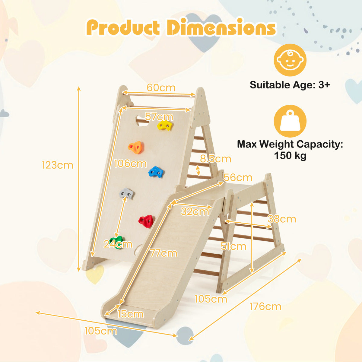 3-In-1 Jungle Gym with Extended Slide and Rock Climbing-Natural