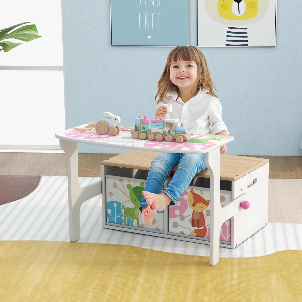 3 in 1 Kids Convertible Activity Bench with 2 Removable Fabric Bins for Drawing Playing-White