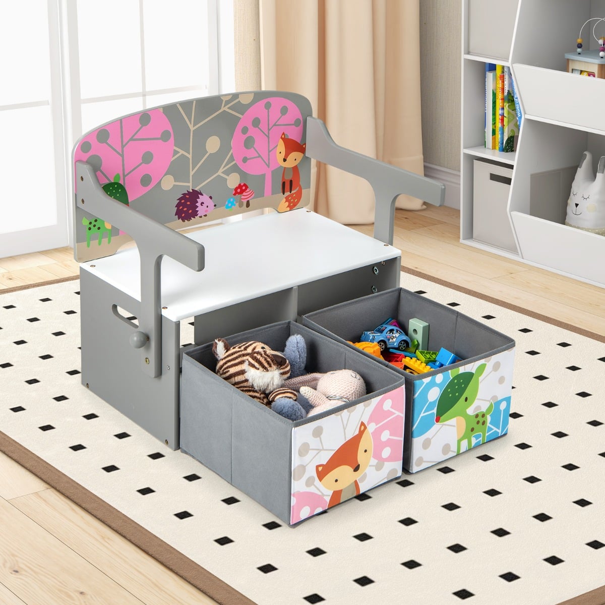 3 in 1 Kids Convertible Activity Bench with 2 Removable Fabric Bins for Drawing Playing-Grey