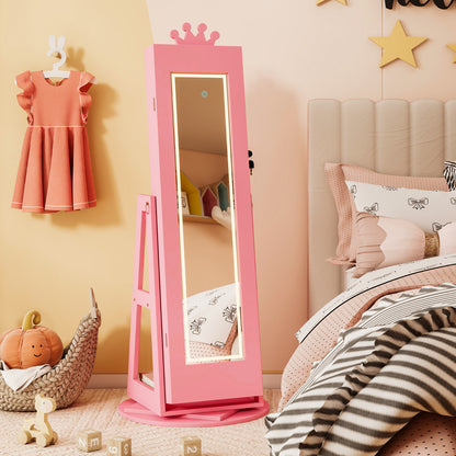 3 In 1 Kids Jewelry Cabinet 360° Swivel Jewelry Armoire with Mirror-Pink