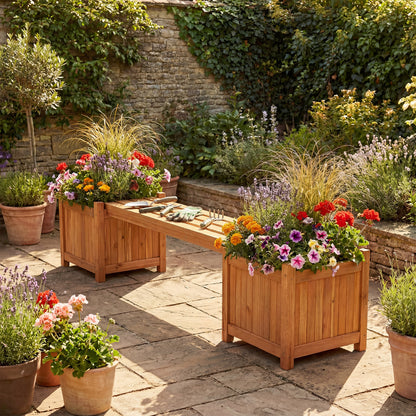 3-in-1 Outdoor Planter Box with Bench and 2 Side Garden Beds-Orange
