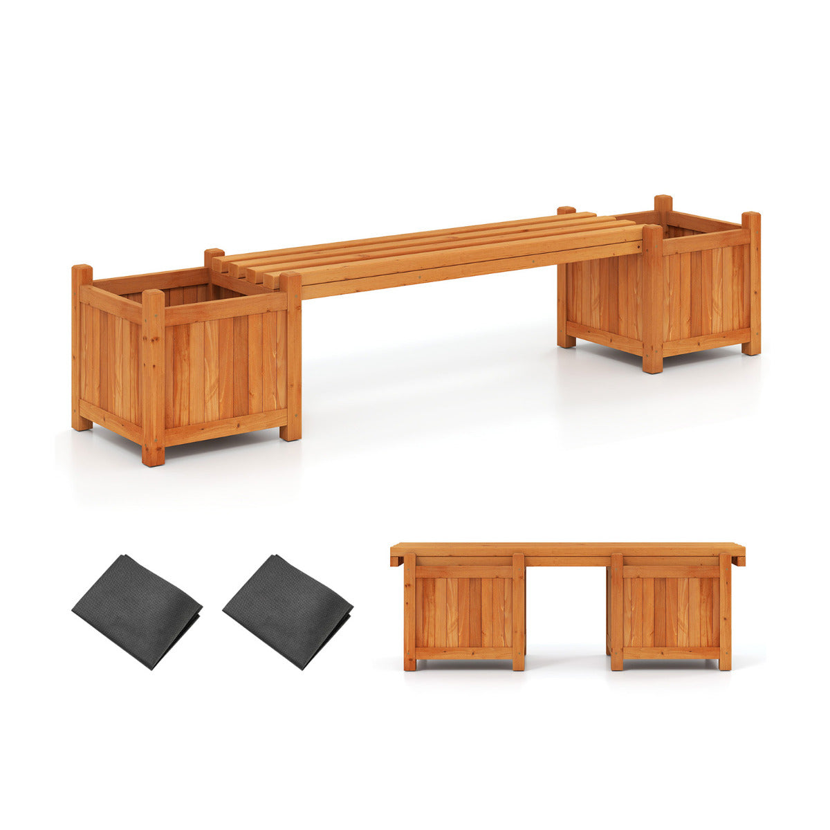 3-in-1 Outdoor Planter Box with Bench and 2 Side Garden Beds-Orange