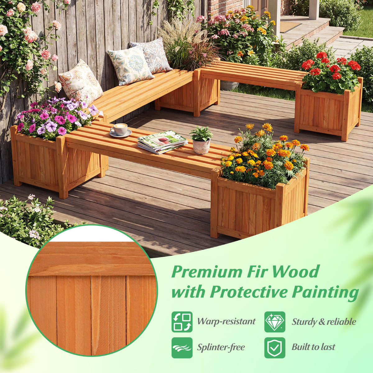 3-in-1 Outdoor Planter Box with Bench and 2 Side Garden Beds-Orange