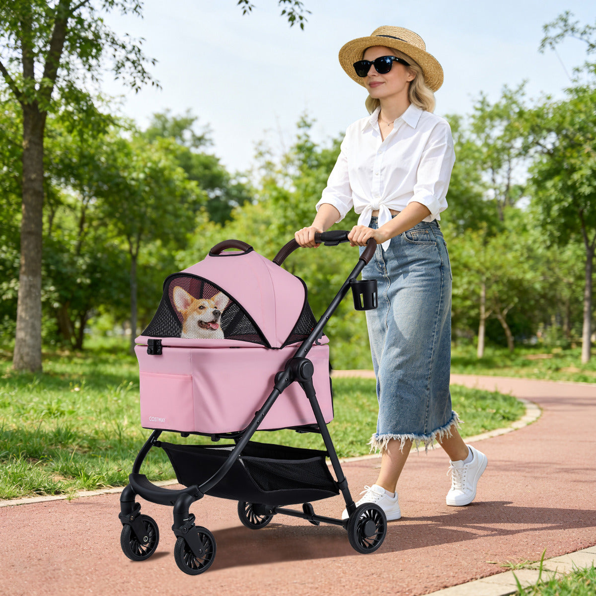 3-in-1 Pet Stroller One-hand Folding  Dog Stroller Car Seat-Pink